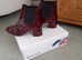 BURGUNDY PATENT LEATHER BLOCK HEEL BOOTS. SIZE 5